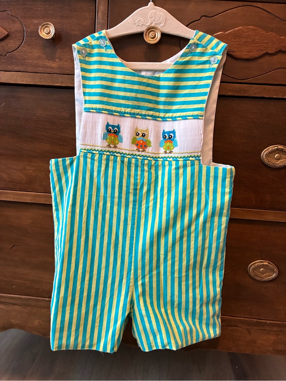 Turquoise & Yellow Striped Owl Smocked Shortall - Kids Jumpsuit